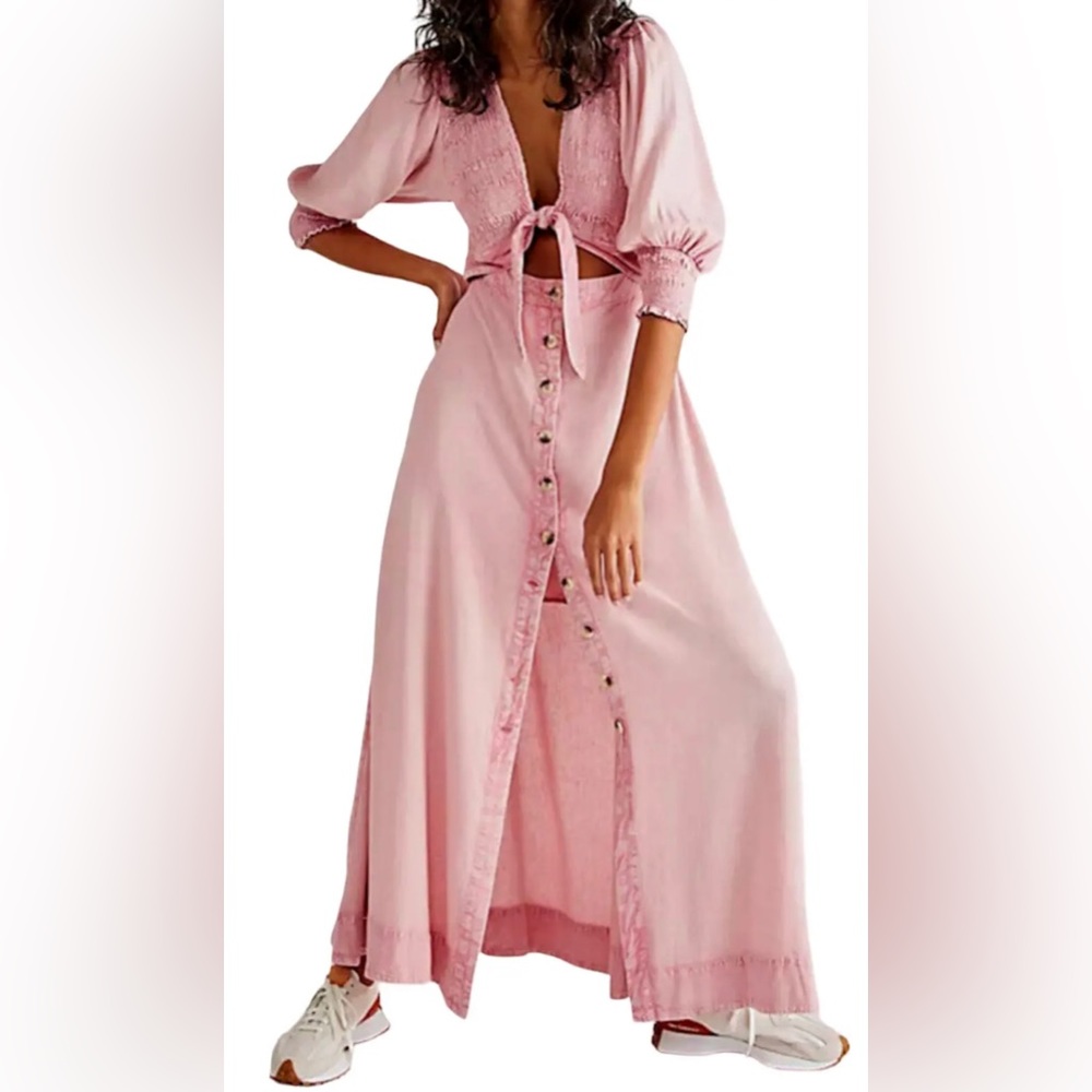 NEW FREE PEOPLE PINK STRING OF HEARTS SMOCKED V-NECK BUTTON DOWN MAXI DRESS